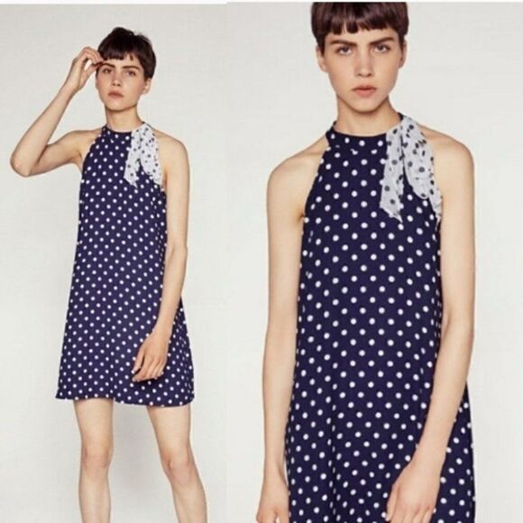 Zara Polka Dot Tie Neck Retro 60s Dress - Picture 1 of 5